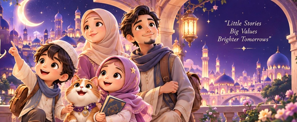 Keluarga Kisara bersama Arfa, Sara, Umi, Abi, dan Mochi dalam dunia fantasi Islami